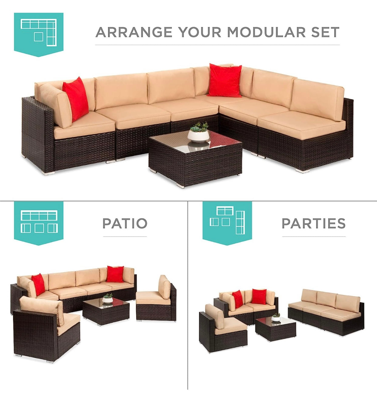 7 PCS Brown/Tan Patio Sectional Sofa With Coffee Table