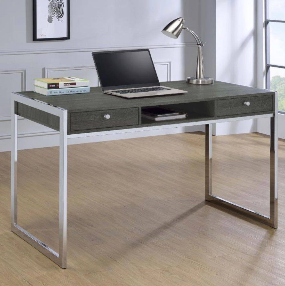 Wallice 2-drawer Writing Desk Weathered Grey and Chrome 801221