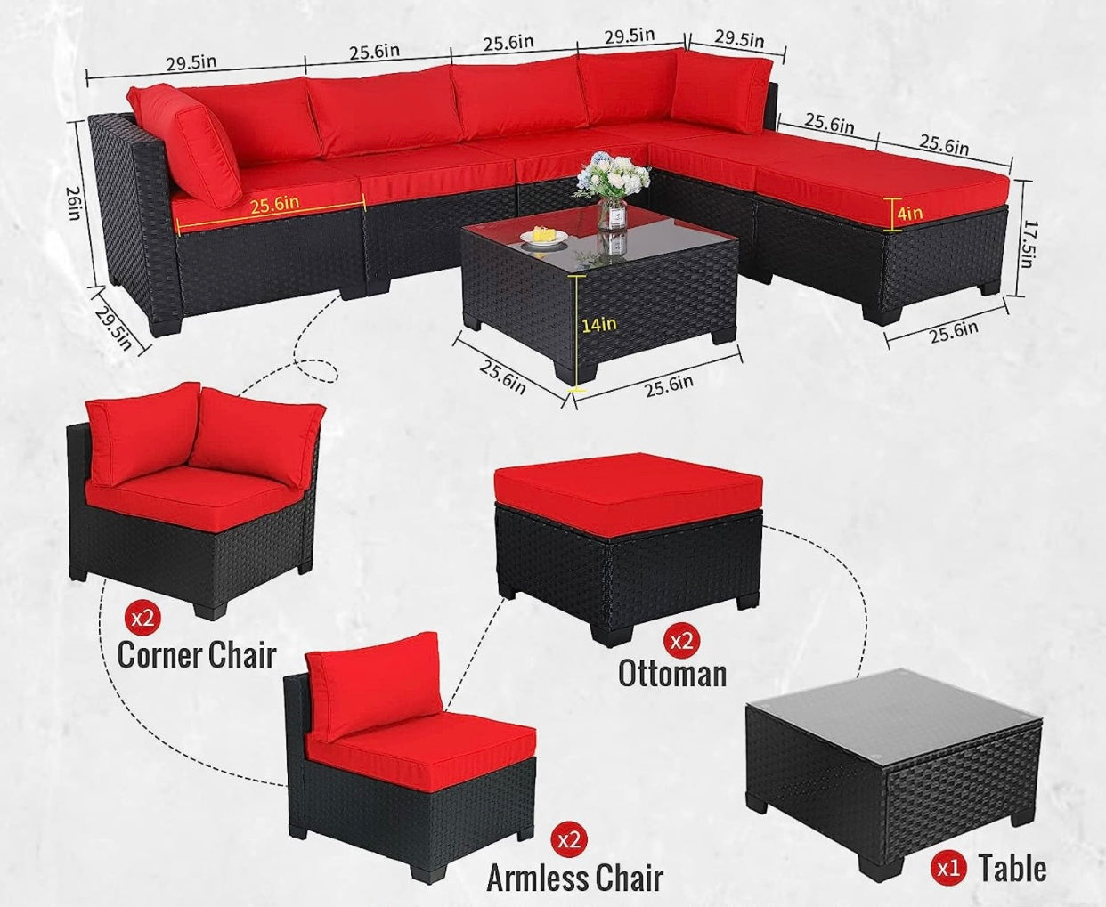 7 PCS Red Patio Sectional Sofa With Coffee Table