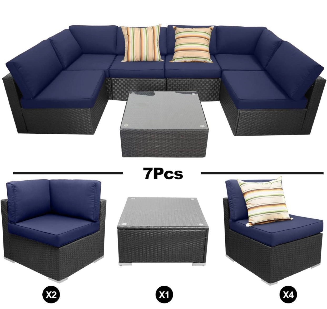 7 PCS Blue Patio Sectional Sofa With Coffee Table