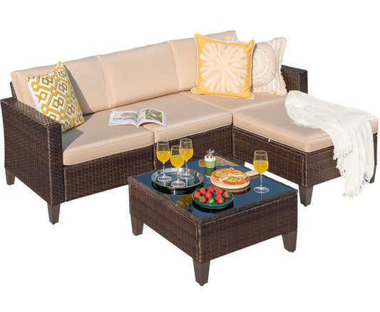 5 PCS Brown/Beige Patio Sectional Sofa With Coffee Table