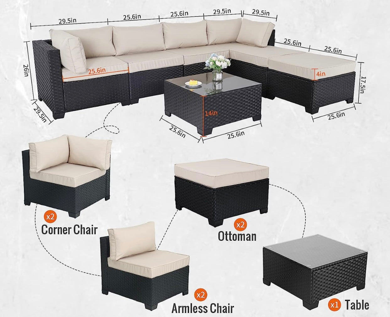 7 PCS Khaki Sectional Sofa With Coffee Table