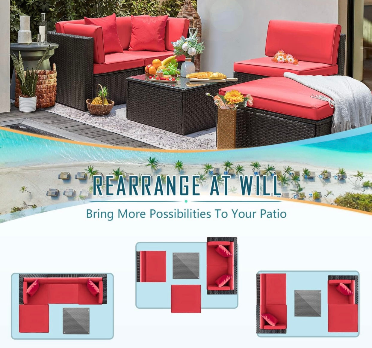5 PCS Brown/Red Patio Sectional Sofa With Coffee Table