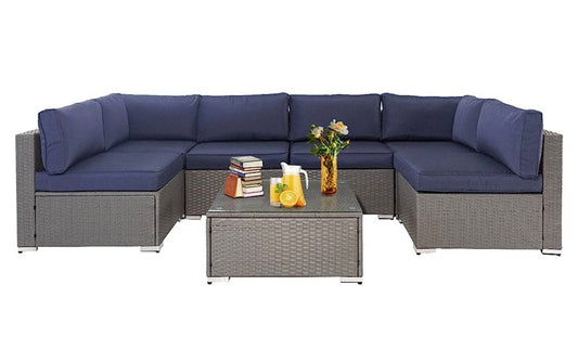 7 PCS Gray/Dark Blue Patio Sectional Sofa With Coffee Table
