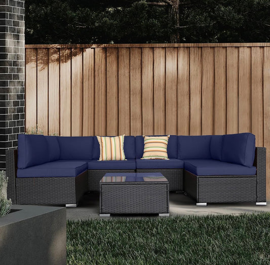 7 PCS Blue Patio Sectional Sofa With Coffee Table