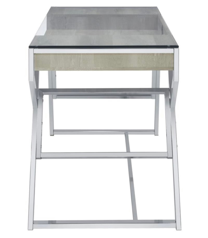 Emelle 2-drawer Glass Top Writing Desk Grey Driftwood and Chrome 882116