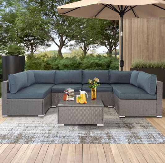 7 PCS Gray/Haze Blue Patio Sectional Sofa With Coffee Table