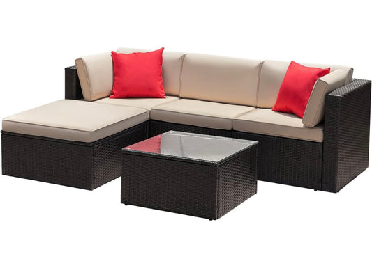 5 PCS Brown/Beige Patio Sectional Sofa With Coffee Table