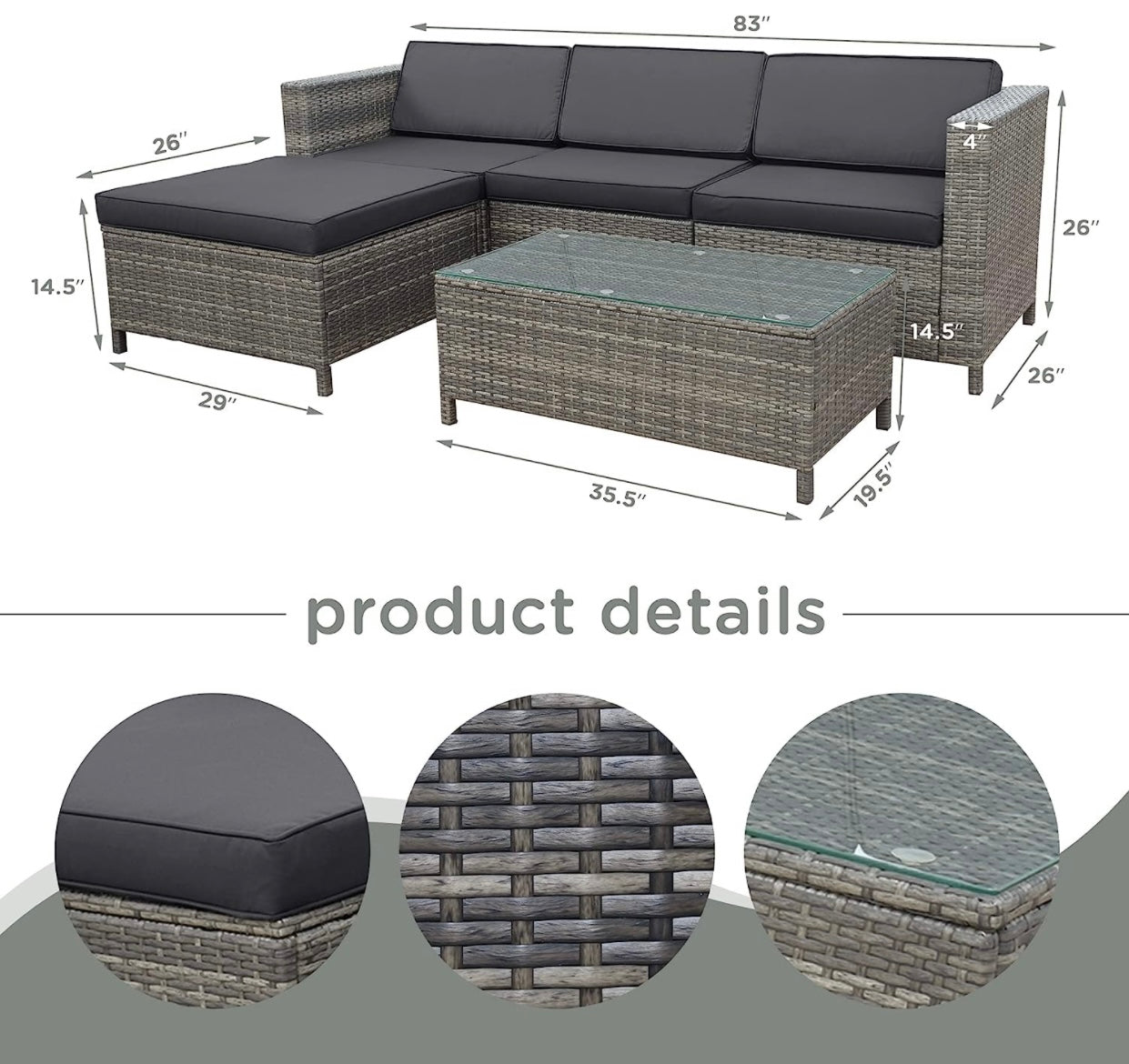 5 PCS Gray/Gray Patio Sectional Sofa With Coffee Table