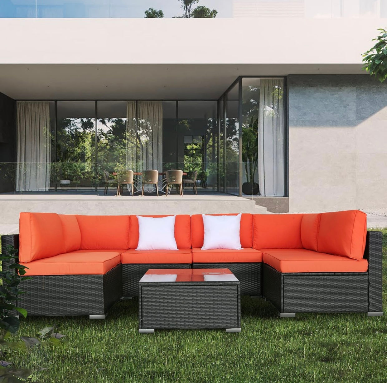 7 PCS Orange Patio Sectional Sofa With Coffee Table