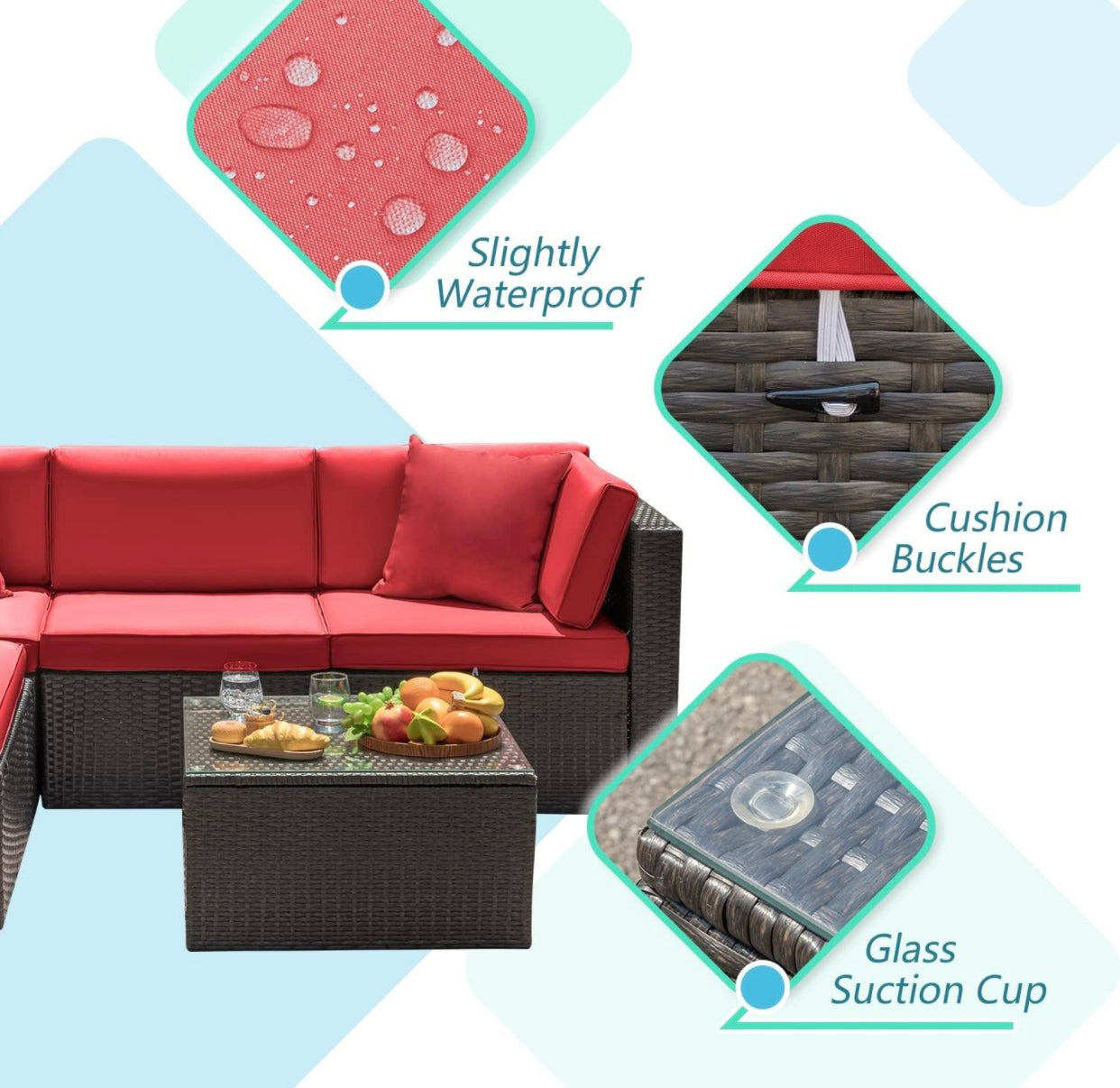 5 PCS Brown/Red Patio Sectional Sofa With Coffee Table