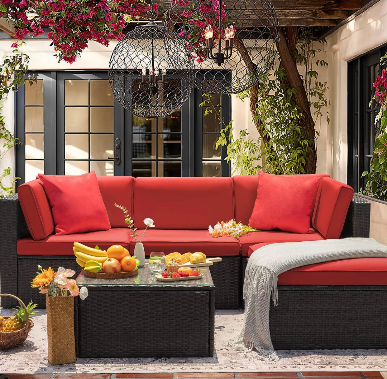 5 PCS Brown/Red Patio Sectional Sofa With Coffee Table