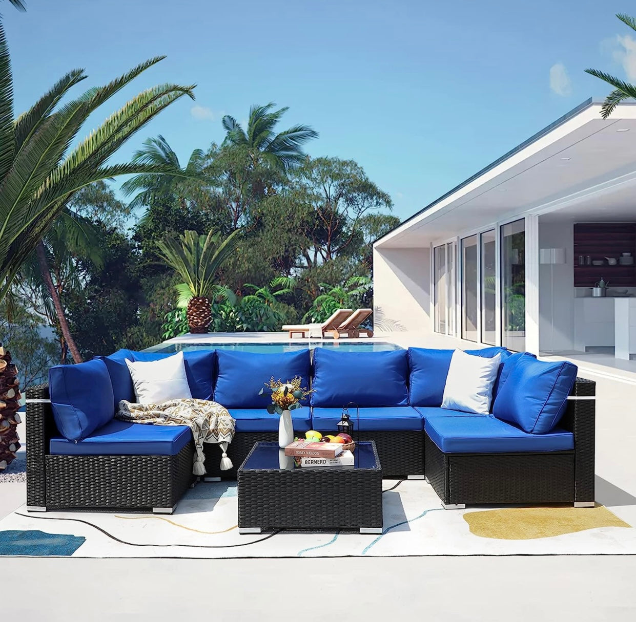 7 PCS Blue Patio Sectional Sofa With Coffee Table