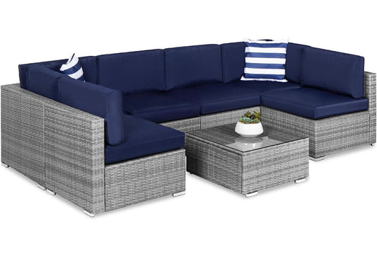 7 PCS Gray/Navy Blue Patio Sectional Sofa With Coffee Table