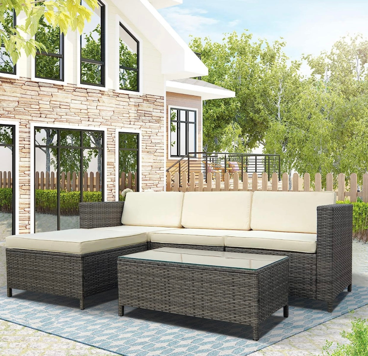 5 PCS Brown/Beige Patio Sectional Sofa With Coffee Table