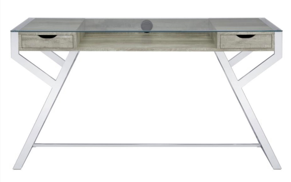 Emelle 2-drawer Glass Top Writing Desk Grey Driftwood and Chrome 882116