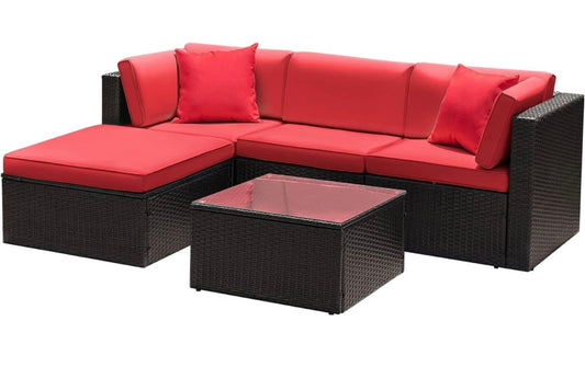 5 PCS Brown/Red Patio Sectional Sofa With Coffee Table