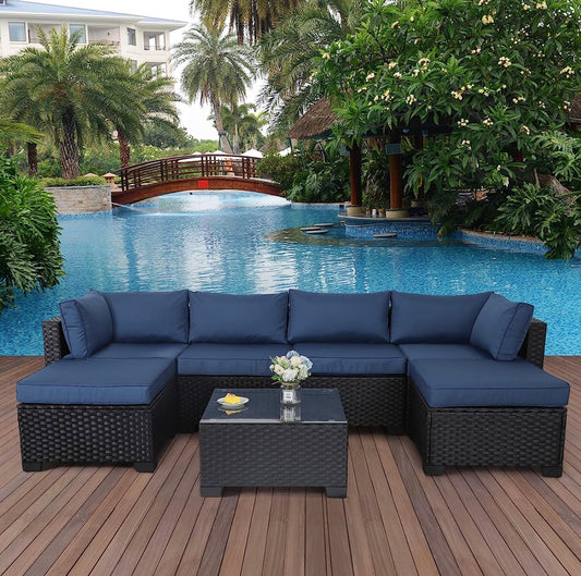 7 PCS Navy Blue Patio Sectional Sofa With Coffee Table