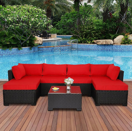 7 PCS Red Patio Sectional Sofa With Coffee Table