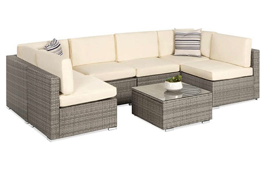 7 PCS Gray/Cream Patio Sectional Sofa With Coffee Table