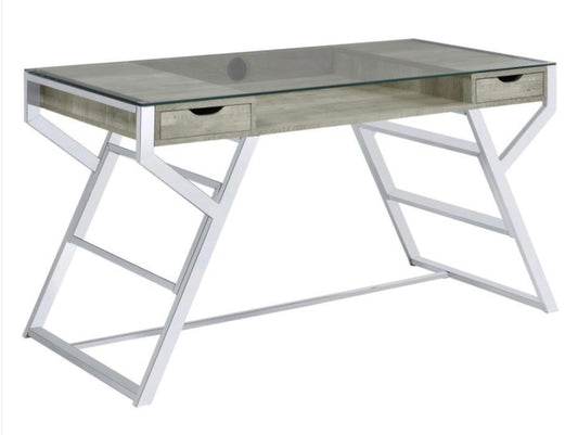 Emelle 2-drawer Glass Top Writing Desk Grey Driftwood and Chrome 882116