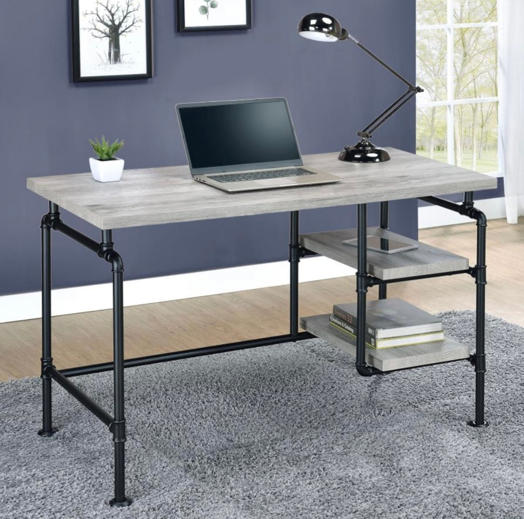 Delray 2-tier Open Shelving Writing Desk Grey Driftwood and Black 803701