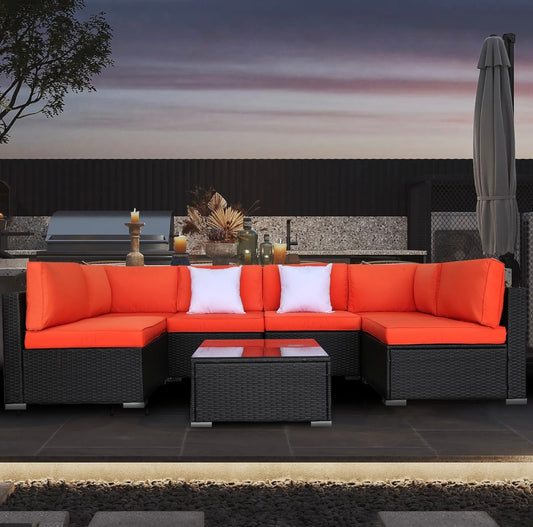 7 PCS Orange Patio Sectional Sofa With Coffee Table