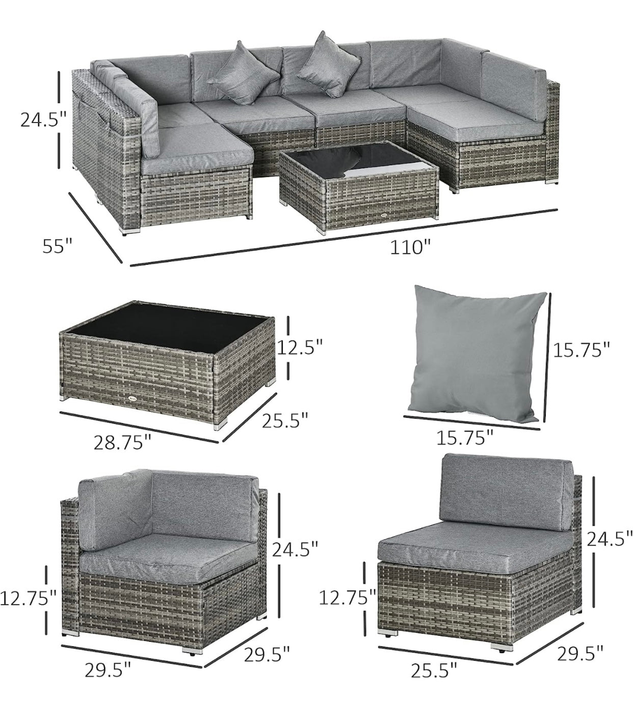 7 PCS Gray Patio Sectional Sofa With Coffee Table