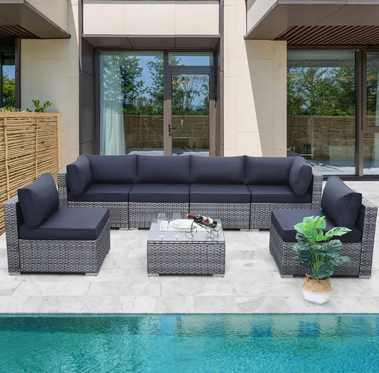 7 PCS Gray/Dark Blue Patio Sectional Sofa With Coffee Table