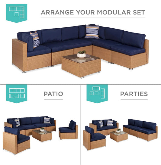 7 PCS Natural/Navy Patio Sectional Sofa With Coffee Table