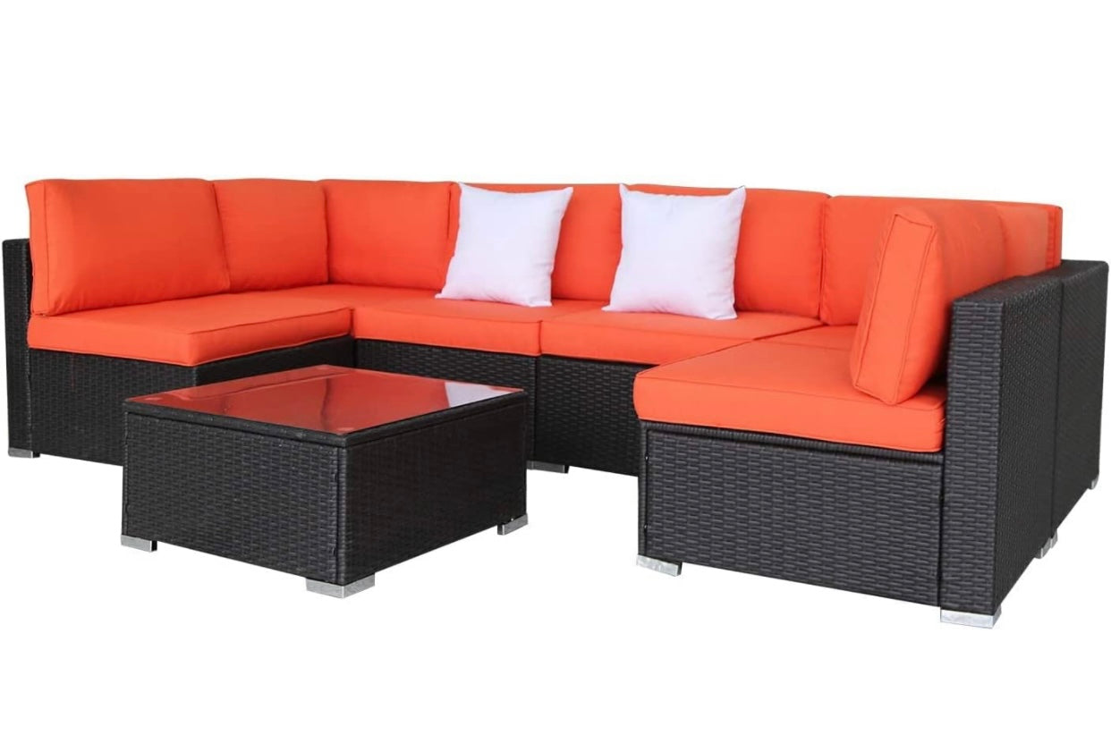 7 PCS Orange Patio Sectional Sofa With Coffee Table