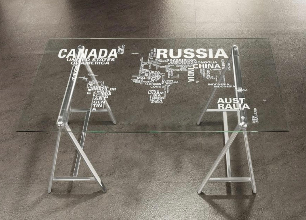 Patton World Map Writing Desk Nickel and Printed Clear 801504