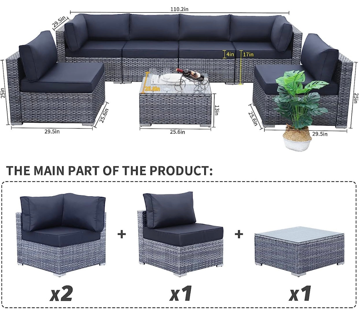 7 PCS Gray/Dark Blue Patio Sectional Sofa With Coffee Table