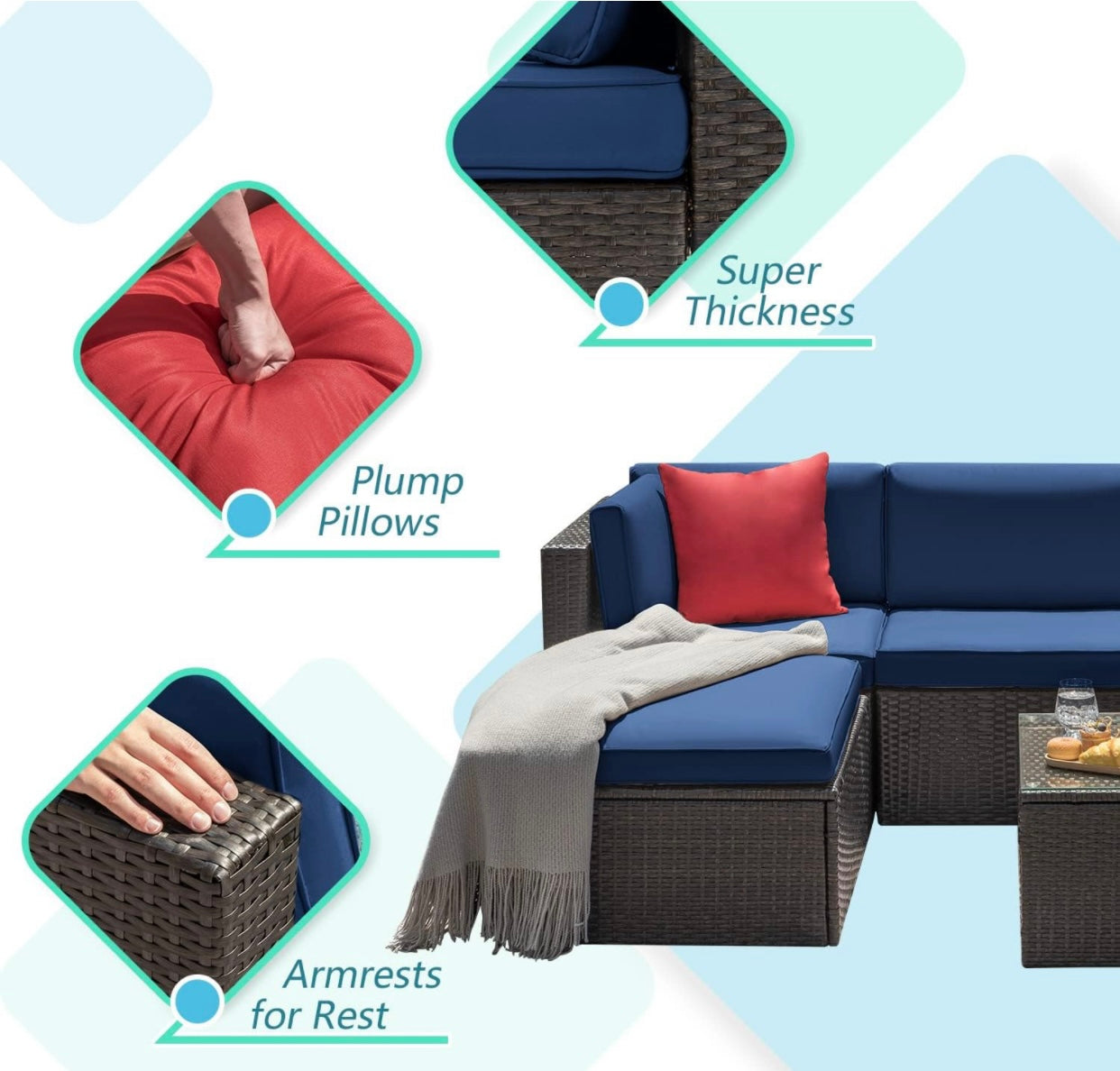 5 PCS Brown/Blue Patio Sectional Sofa With Coffee Table