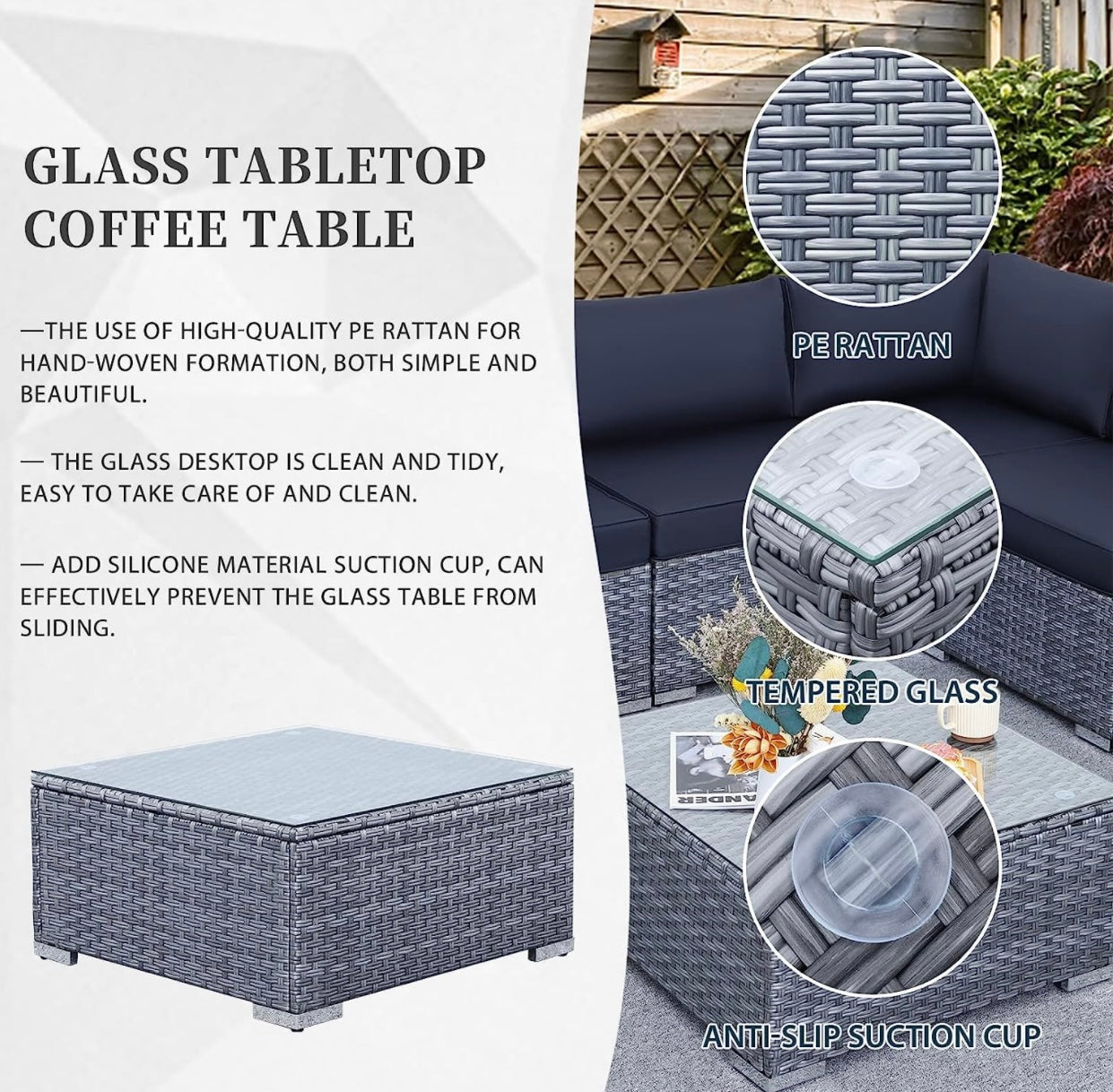 7 PCS Gray/Dark Blue Patio Sectional Sofa With Coffee Table