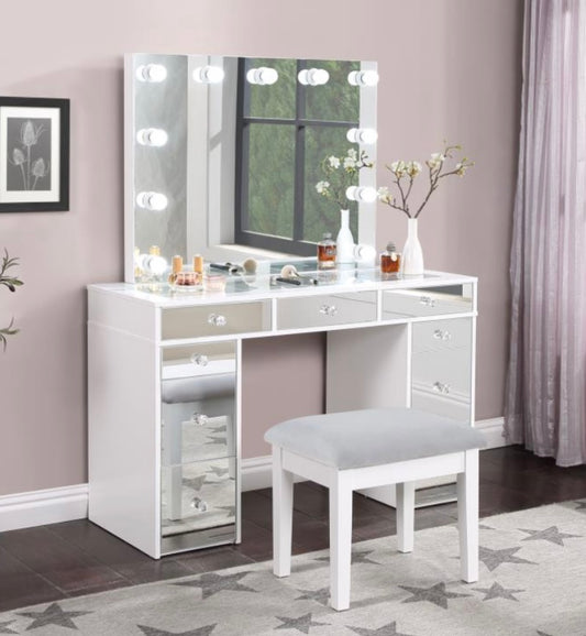 Regina 3-piece Makeup Vanity Table Set Hollywood Lighting White and Mirror 930245