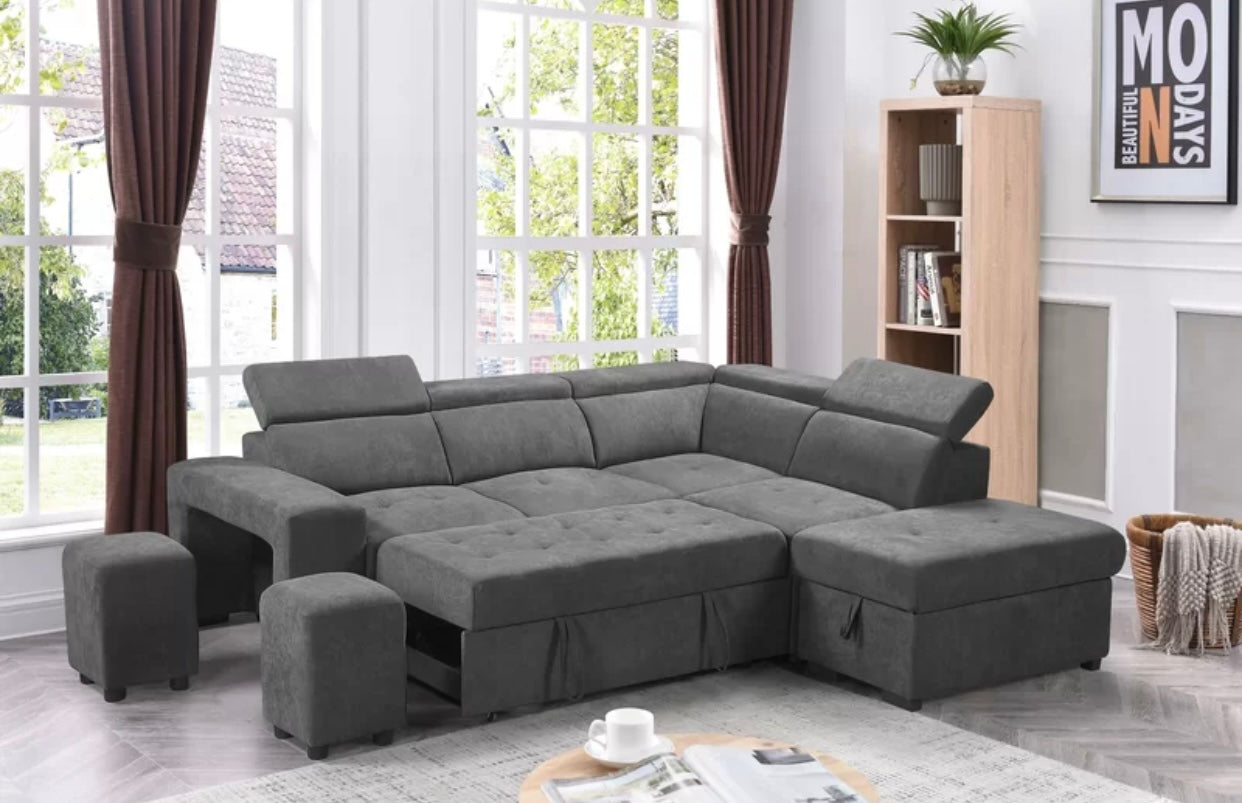 Henrik Light Gray Sleeper Sectional w/ Storage and Stools 89135