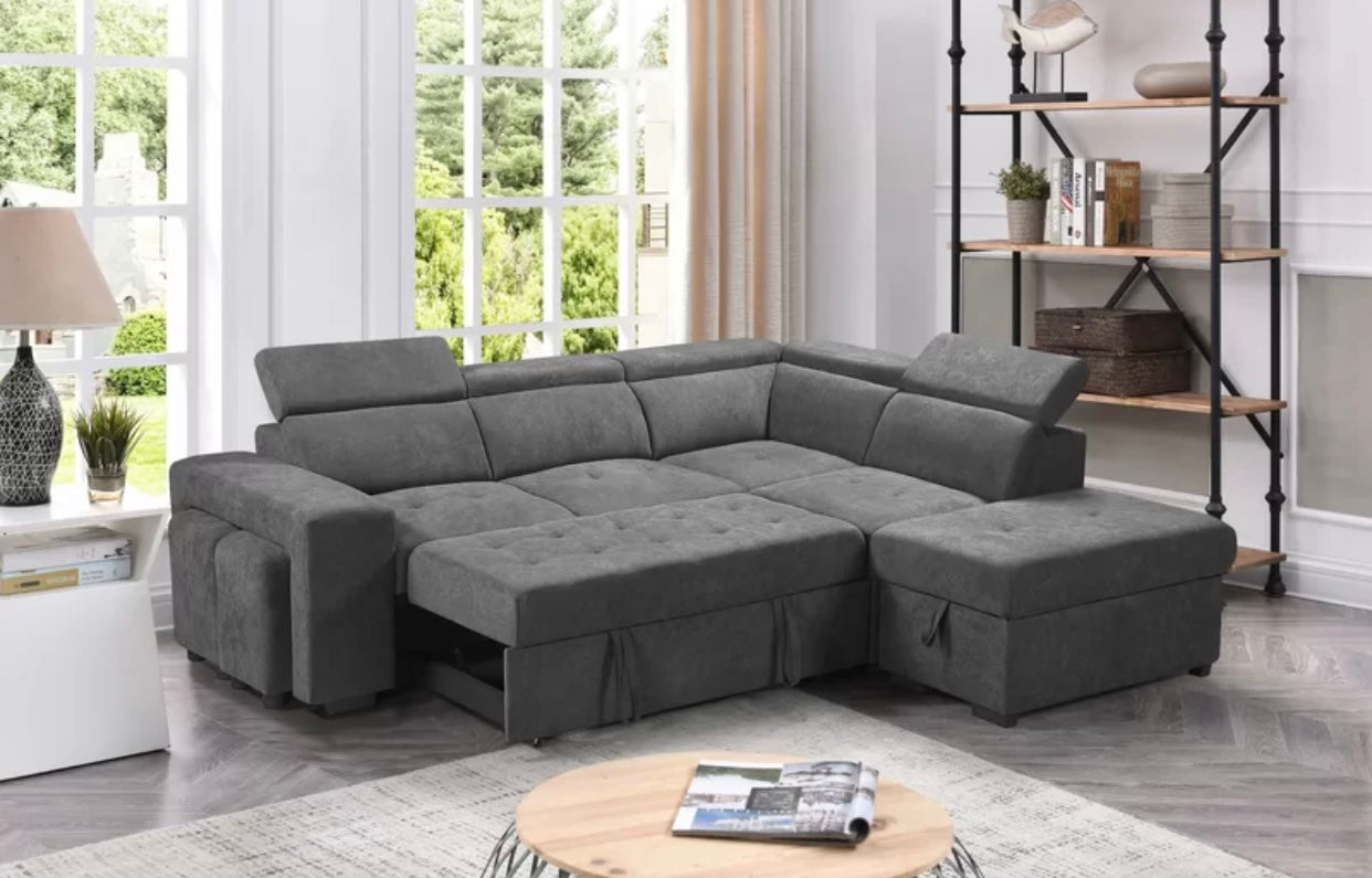 Henrik Light Gray Sleeper Sectional w/ Storage and Stools 89135