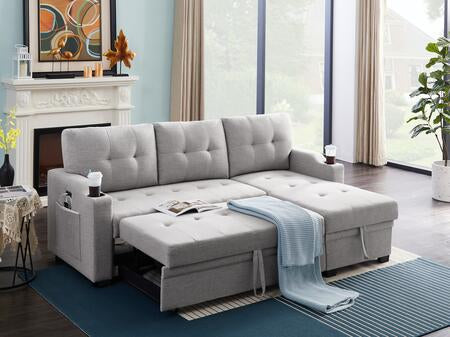 Reversible Mabel Light Gray Linen Fabric Sleeper Sectional  81512