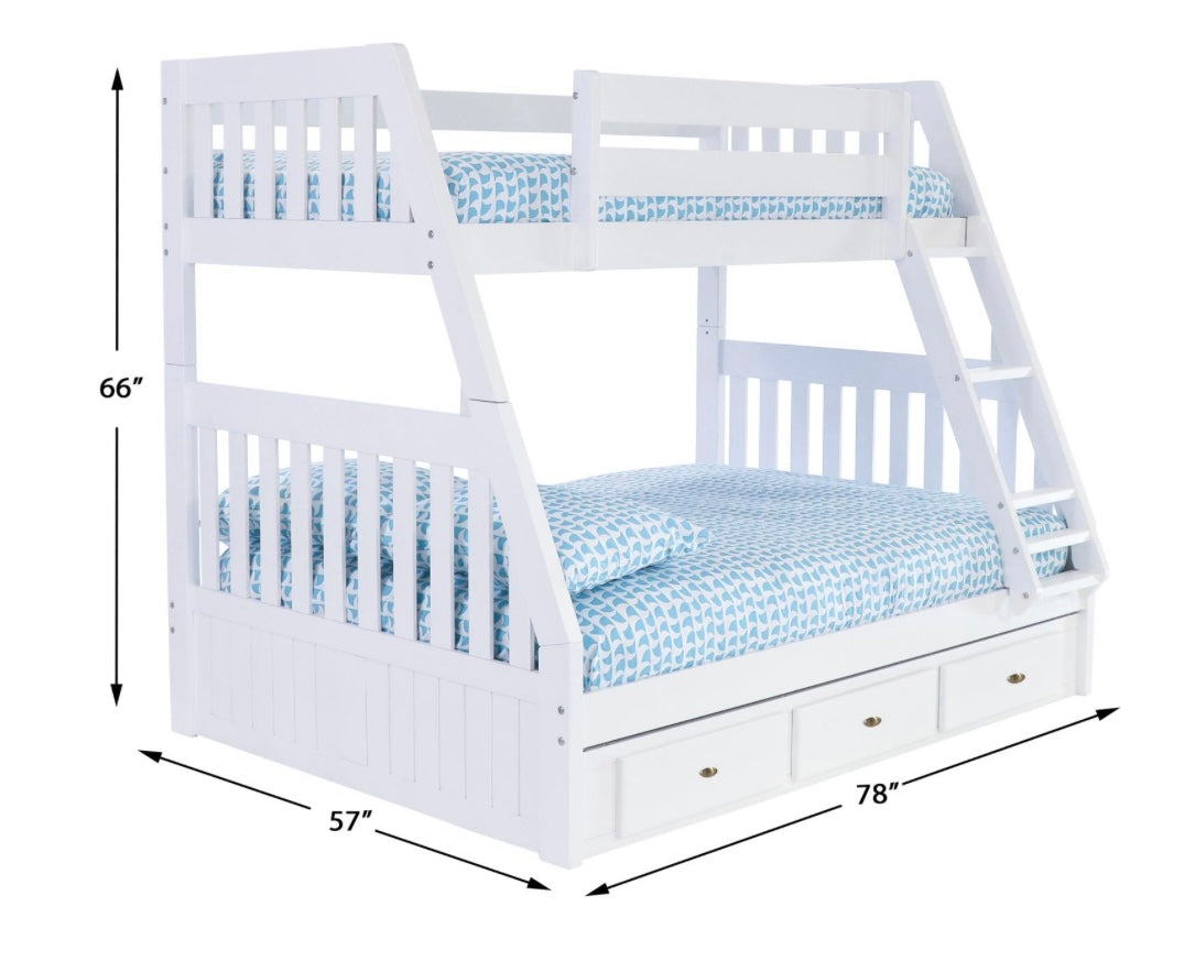 Twin/Full Bunk Bed w/ 3 Drawers White (Brushed Nickel Handles) 0219-K3-R