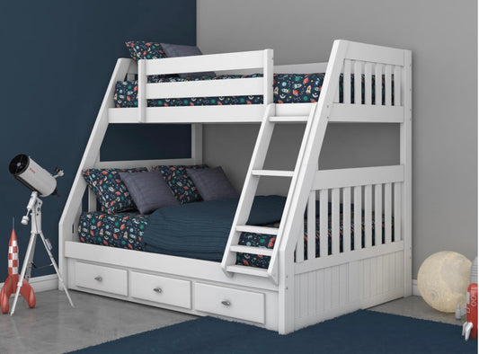 Twin/Full Bunk Bed w/ 3 Drawers White (Brushed Nickel Handles) 0219-K3-R