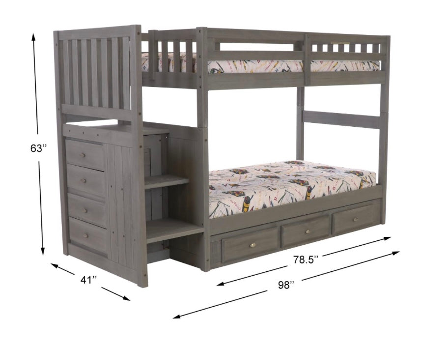Twin/Twin Staircase w/ 3 Drawers Charcoal Bunk Bed 3214-T/T-K3