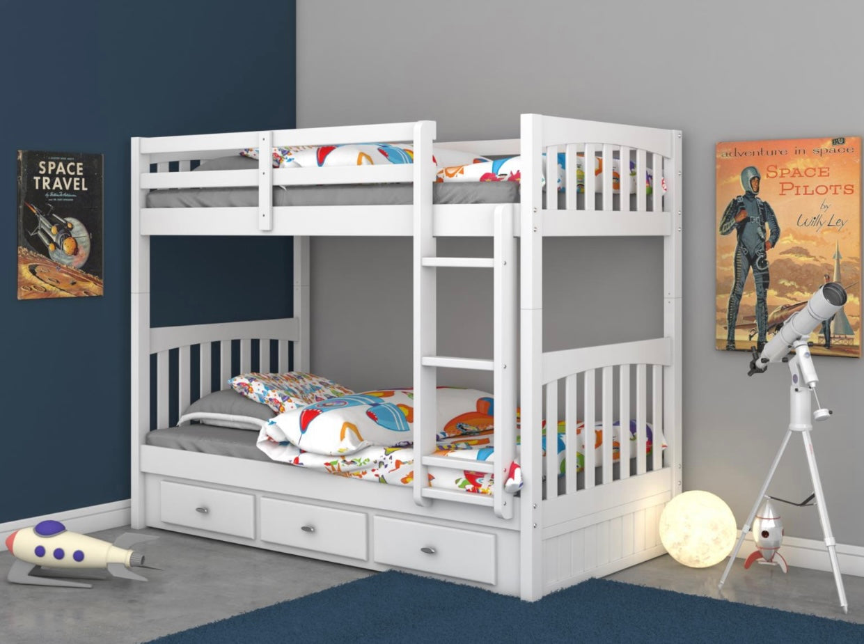 Twin/Twin Bunk Bed w/ 3 Drawers White (Brushed Nickel Handles) 0211M-K3-R