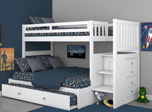 Twin/Full Staircase Bunk Bed w/ Trundle White (Brushed Nickel Handles) 0217-T/F-TRUND-R