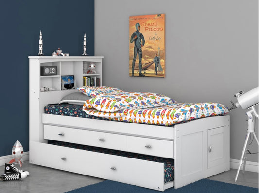 KD Twin Bookcase Captain's Bed White w/ KD 3 Drawers & Trundle 80220-K3-KD