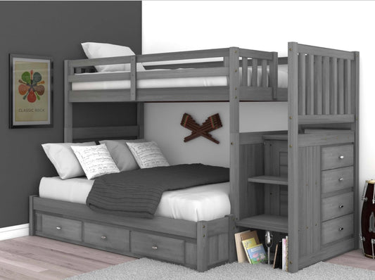Twin/Full Staircase Bunk Bed  w/ 3 Drawers Charcoal  3214-T/F-K3