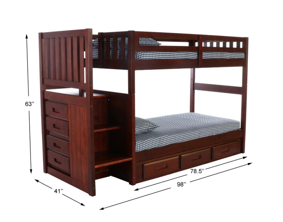 Twin/Twin Staircase Bunk Bed with 3 Drawer Merlot 2814-T/T-K3