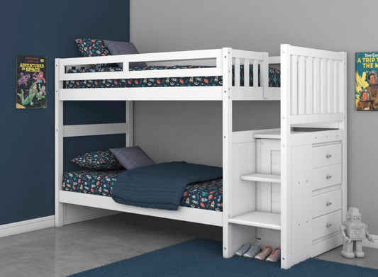 Twin/Twin Staircase Bunk Bed White (Brushed Nickel Handles) 0217-T/T