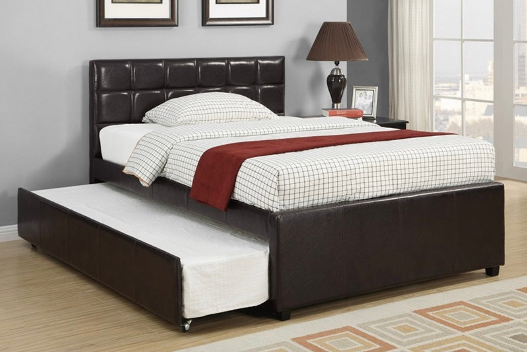 BROWN FULL BED+TWIN TRUNDLE W/ SLATS F9215F