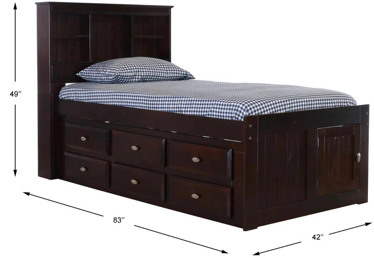 KD Twin Bookcase Captain's Bed Espresso w/12 Drawers 82920-K12